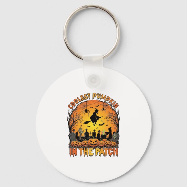 Coolest Pumpkin Patch Halloween Witch Spiders Grav Key Ring (Front)