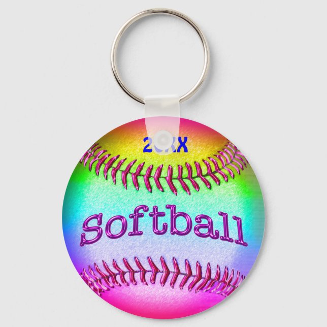 Coolest Rainbow TEAM Softball Keychains with YEAR (Front)