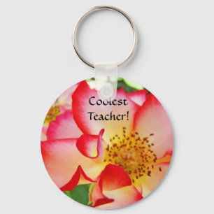 Coolest Teacher! keychain Red White Rose Flower