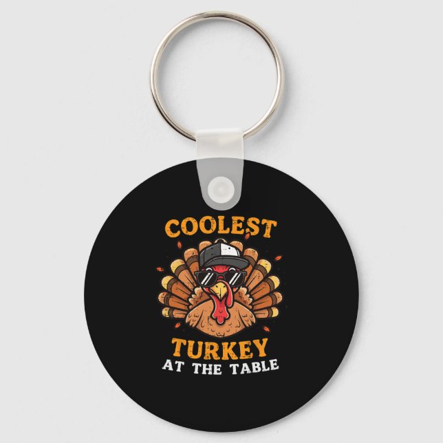 Coolest Turkey At Table Thanksgiving Fall Men Boys Key Ring (Front)