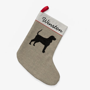 Coonhound Silhouette Faux Linen Dog Holiday Xmas Small Christmas Stocking