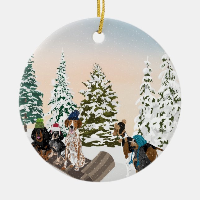 Coonhound Sledding Ceramic Ornament (Front)