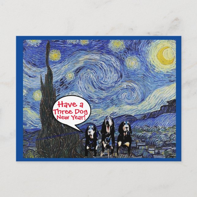 Coonhound Starry Night,New Year Spoof Postcard (Front)