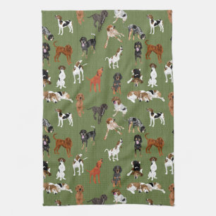 Coonhounds on Olive Tea Towel
