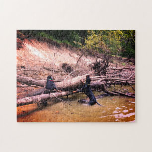Coonhounds Treeing In The River Jigsaw Puzzle
