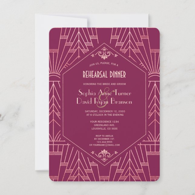 Cooper Rose Great Gatsby 1920s Rehearsal Dinner Invitation (Front)