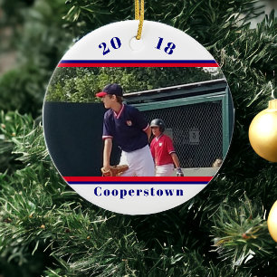 Cooperstown NY Baseball Photo Striped Memories Ceramic Ornament