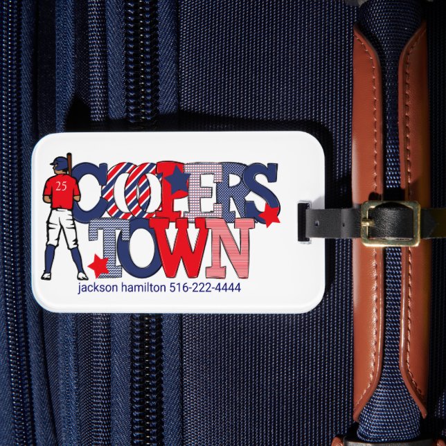 Cooperstown Patriotic Letters Baseball Player Name Luggage Tag (Front Insitu 4)