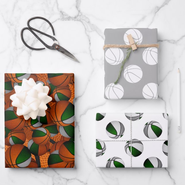 Coordinated sports gifting green grey basketball  wrapping paper sheet (Front)