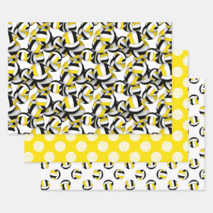 coordinating set black gold volleyballs patterns wrapping paper sheet