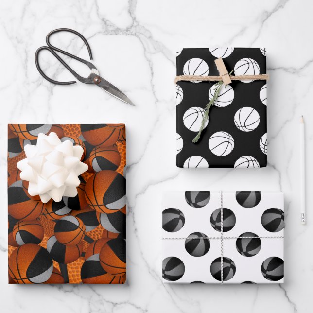 coordinating set black grey basketball patterns wrapping paper sheet (Front)