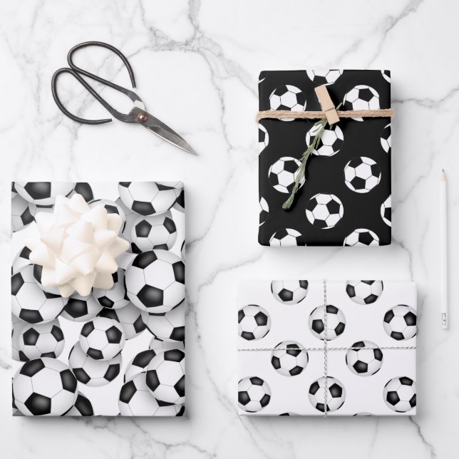 coordinating set black white soccer balls patterns wrapping paper sheet (Front)