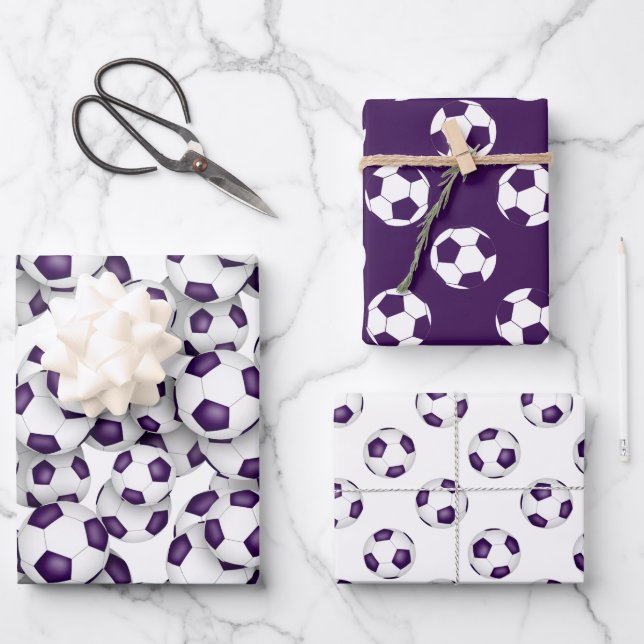 coordinating sports set purple white soccer balls wrapping paper sheet (Front)