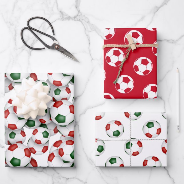 coordinating sports set red green soccer balls wrapping paper sheet (Front)