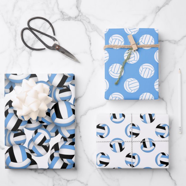 coordinating team colours blue black volleyballs wrapping paper sheet (Front)
