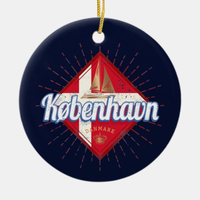 Copenhagen Capital Denmark Retro Sailing Ship Ceramic Ornament (Front)