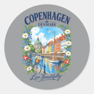 Copenhagen City Denmark Flag Nyhavn Travel Floral Classic Round Sticker