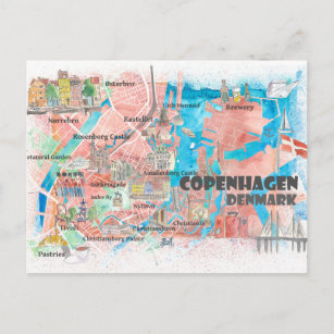 Copenhagen Denmark Clean Iconic City Map Postcard