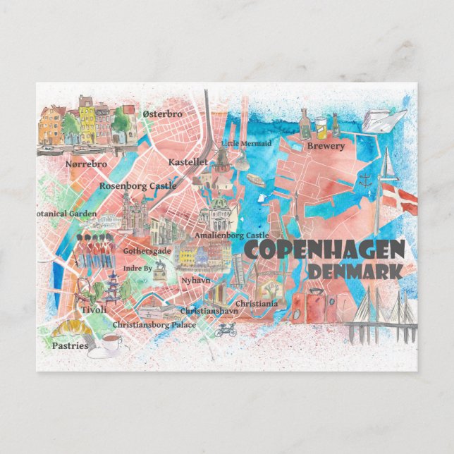 Copenhagen Denmark Clean Iconic City Map Postcard (Front)