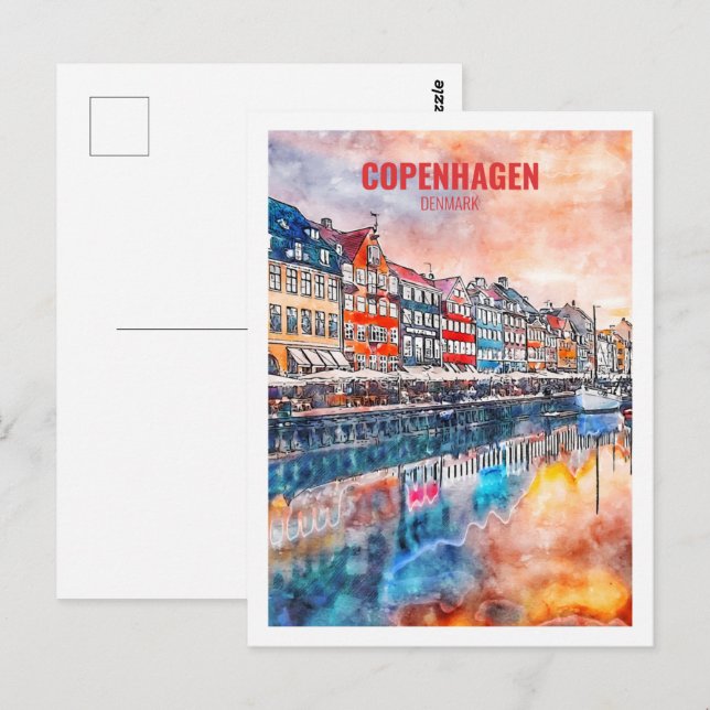 Copenhagen Denmark Famous Travel Place Watercolor Postcard (Front/Back)