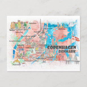 Copenhagen Denmark Illustrated Map with Main Roads Postcard