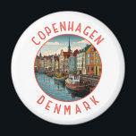 Copenhagen Denmark Retro Distressed Circle Magnet<br><div class="desc">Copenhagen retro vector travel design. Copenhagen,  Denmark’s capital,  sits on the coastal islands of Zealand and Amager. It’s linked to Malmo in southern Sweden by the Öresund Bridge.</div>