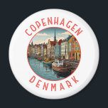 Copenhagen Denmark Retro Distressed Circle Magnet<br><div class="desc">Copenhagen retro vector travel design. Copenhagen,  Denmark’s capital,  sits on the coastal islands of Zealand and Amager. It’s linked to Malmo in southern Sweden by the Öresund Bridge.</div>