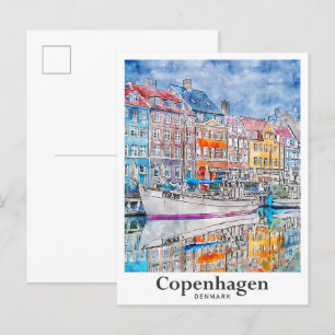 Copenhagen Denmark Travel Watercolor Hand Drawn Postcard
