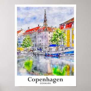 Copenhagen Denmark Travel Watercolor Hand Drawn Poster