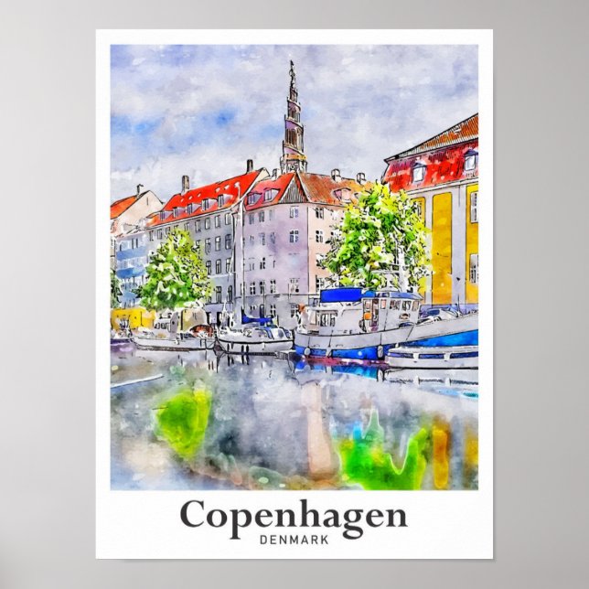 Copenhagen Denmark Travel Watercolor Hand Drawn Poster (Front)