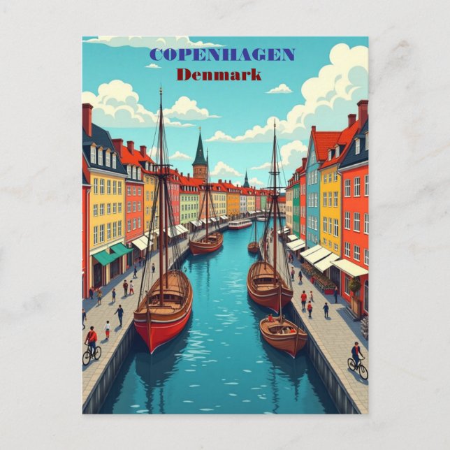 Copenhagen Denmark Vintage Travel Art Print – Retr Postcard (Front)