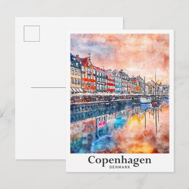 Copenhagen Denmark Watercolor Sketch Hand Drawn Postcard (Front/Back)