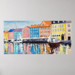 Copenhagen in a shining day, colorful buildings an poster