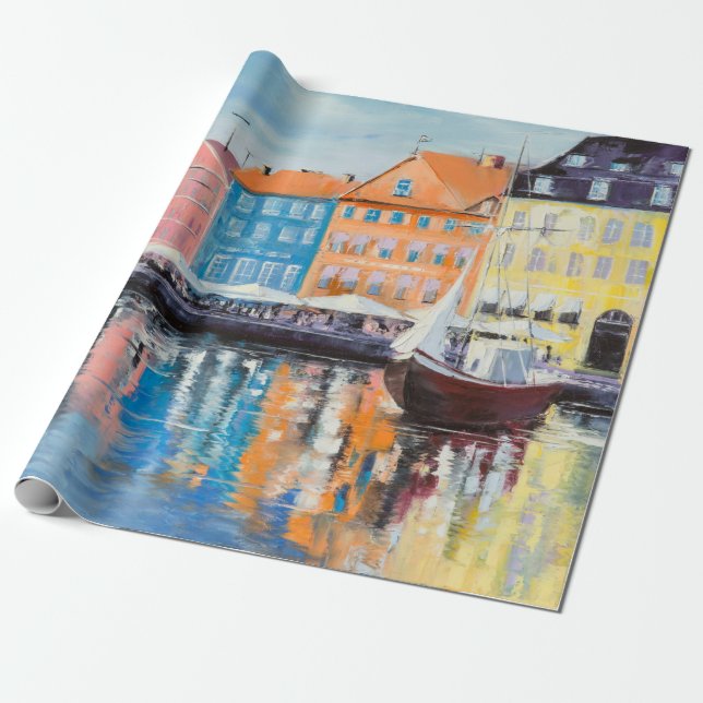 Copenhagen in a shining day, colourful buildings a wrapping paper (Unrolled)