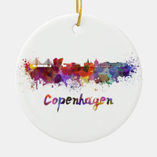 Copenhagen skyline in watercolor ceramic tree decoration
