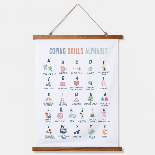 Coping Skill Alphabet, Mental Health, colourful Hanging Tapestry (Front)