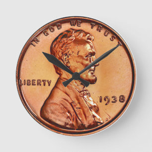 Copper 1938 Abraham Lincoln penny, one cent  Round Clock