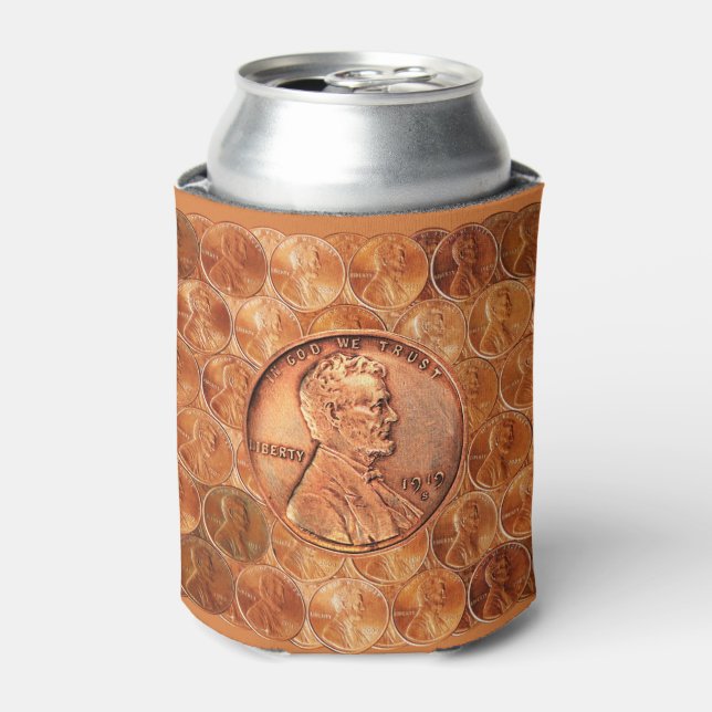 Copper Abraham Lincoln penny 1919, one cent, 1943 Can Cooler (Can Front)