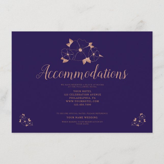 Copper and blue floral wedding accommodation enclosure card (Front)