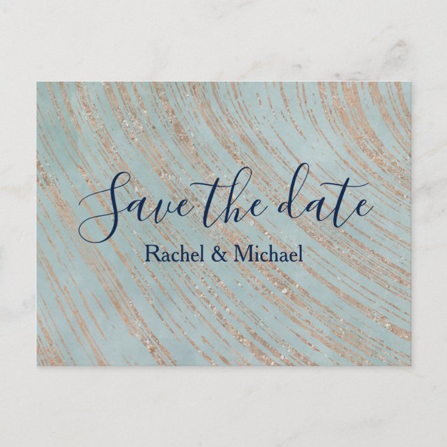 Copper and Blue Marble Save the date Announcement Postcard (Front)