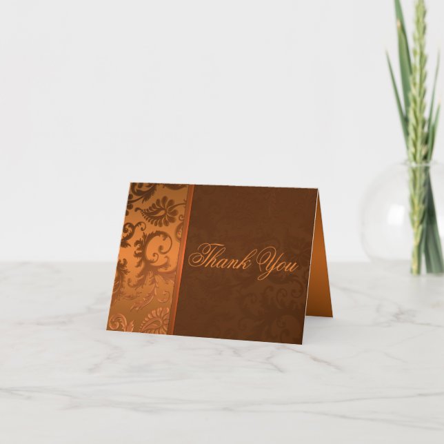 Copper and Brown Damask Thank You Card (Front)