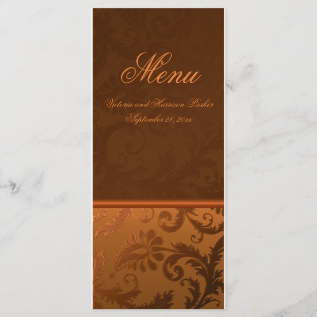 Copper and Brown Damask Wedding Menu Card (Front)