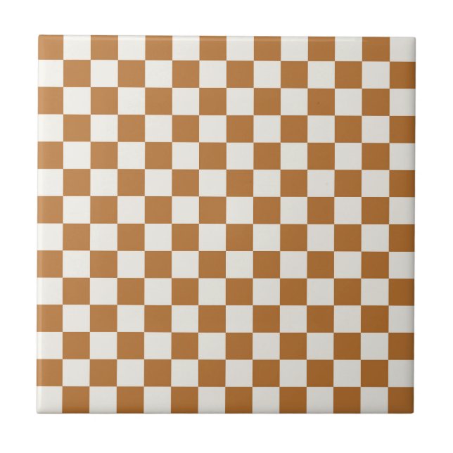 Copper and eggshell chequerboard pattern ceramic tile (Front)