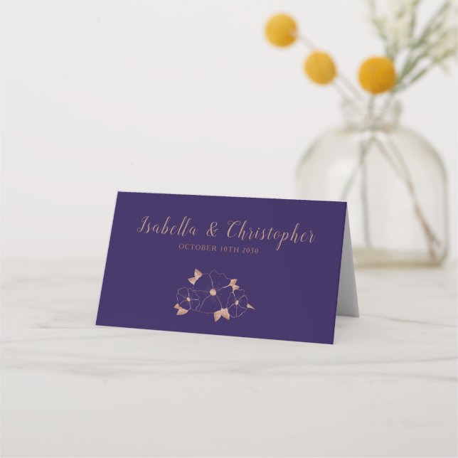 Copper and midnight blue floral modern wedding place card (Front)