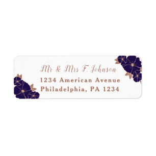 Copper and midnight blue floral modern wedding return address label