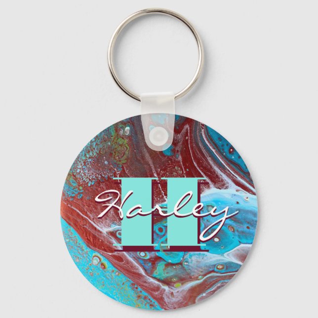 Copper and Teal Acrylic Flow Art Key Ring (Front)