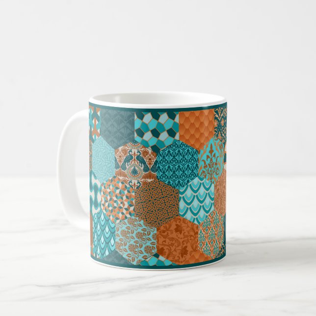 Copper and Turquoise Patchwork-Look Coffee Mug (Front Left)