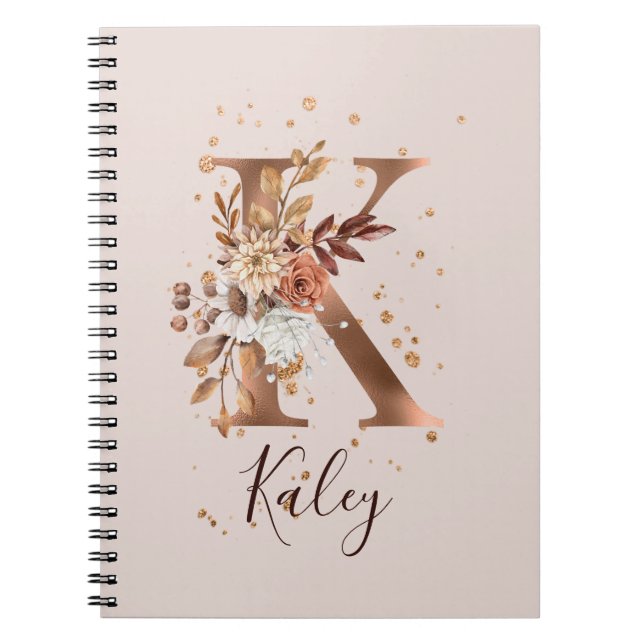 Copper Autumn Floral Letter K Fall Flowers Notebook (Front)