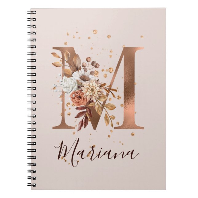 Copper Autumn Floral Letter M Fall Flowers Notebook (Front)