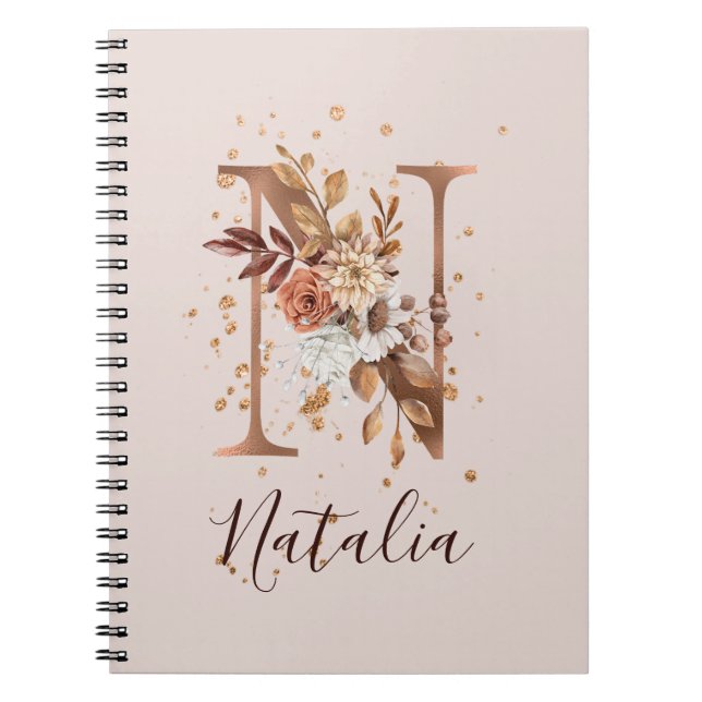 Copper Autumn Floral Letter N Fall Flowers Notebook (Front)